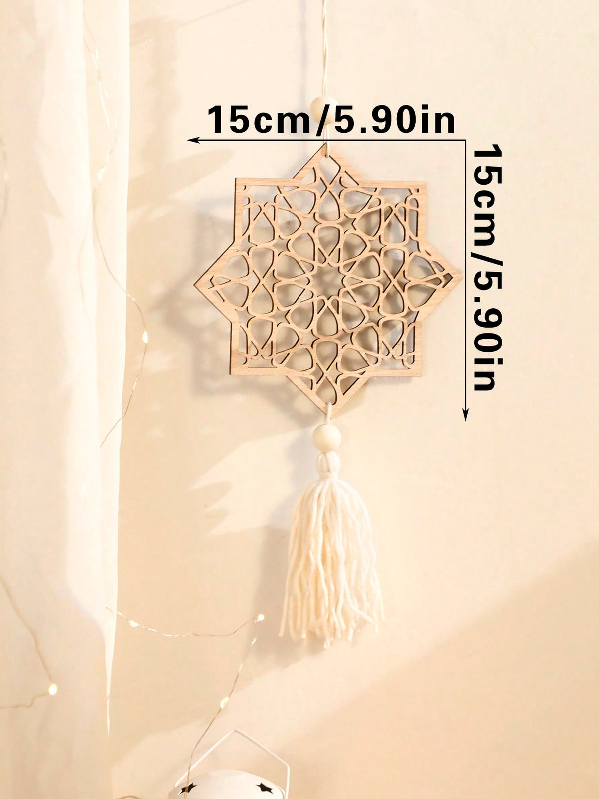 crescent moon and geometric star tassel hanging - Natural / Eight-Point Star