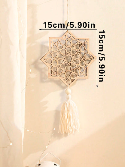 crescent moon and geometric star tassel hanging - Natural / Eight-Point Star
