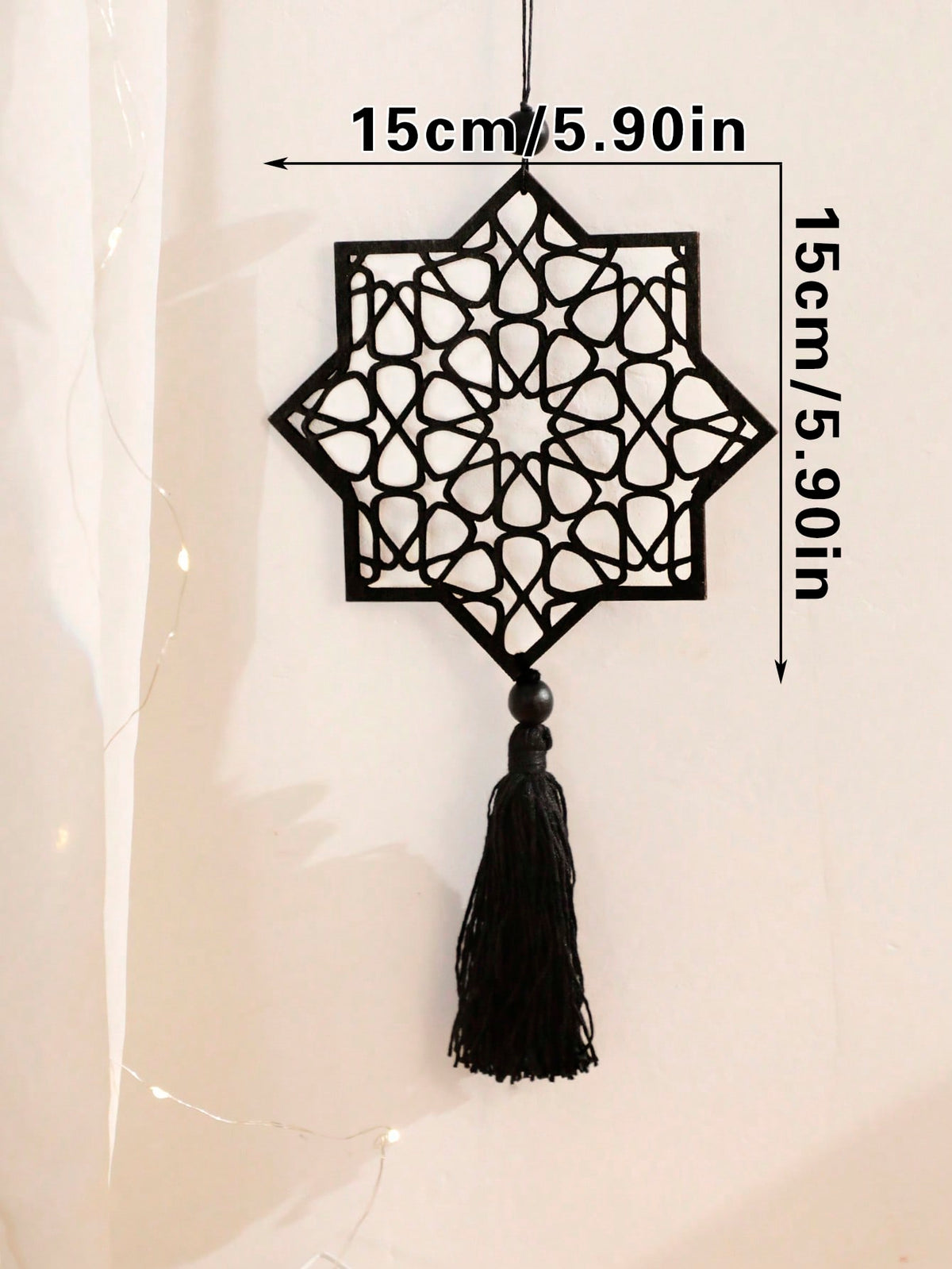 crescent moon and geometric star tassel hanging - Black / Eight-Point Star