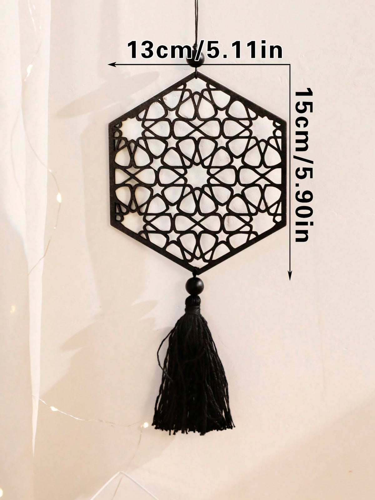 crescent moon and geometric star tassel hanging - Black / Hexagon