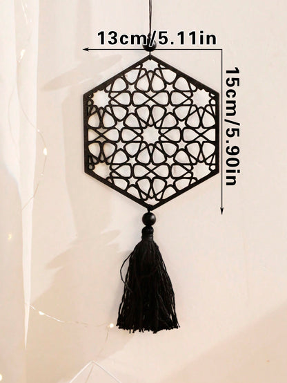 crescent moon and geometric star tassel hanging - Black / Hexagon
