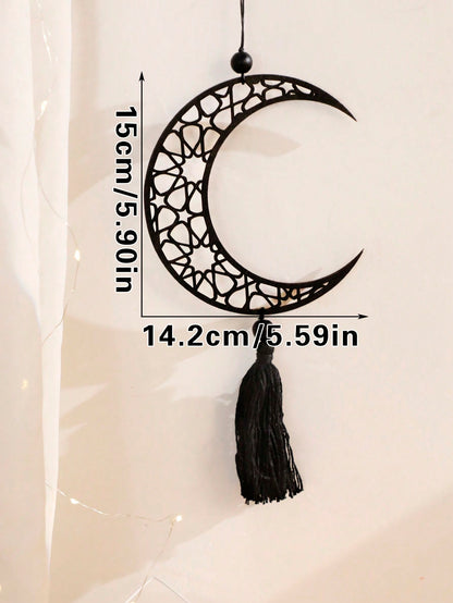 crescent moon and geometric star tassel hanging - Black / Crescent Moon