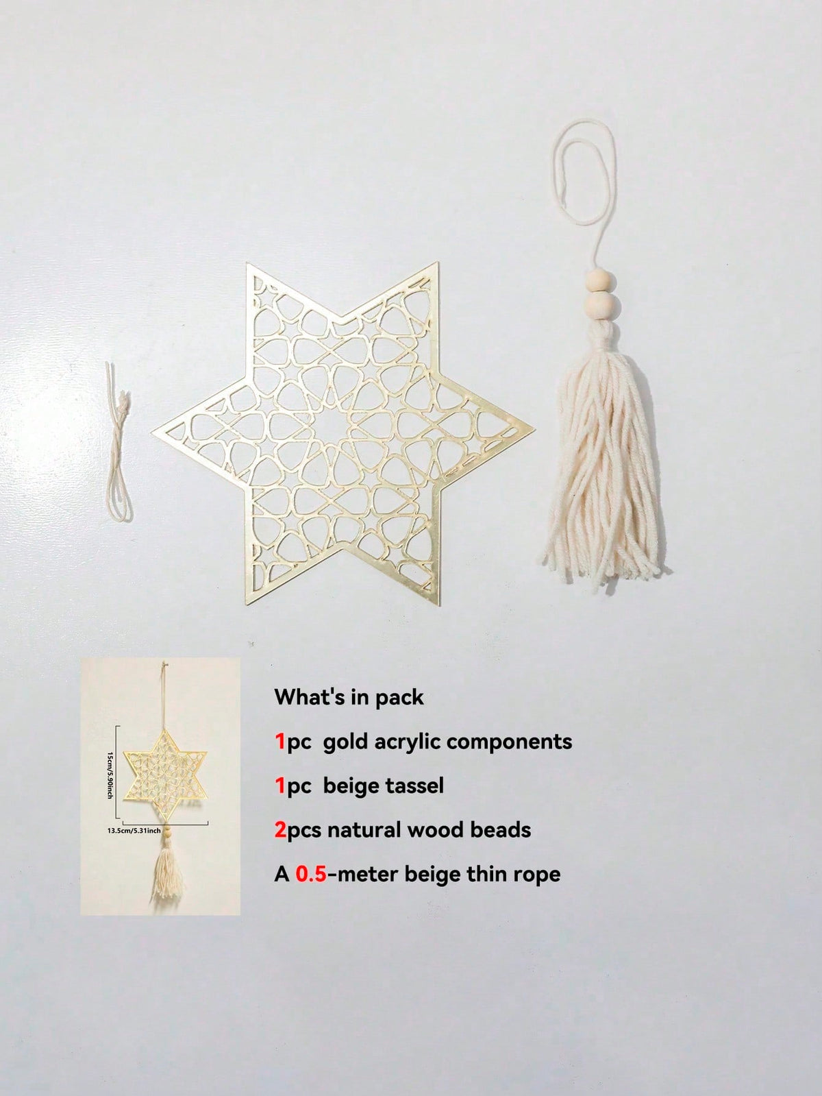 crescent moon and geometric star tassel hanging - Gold / Six-Point Star