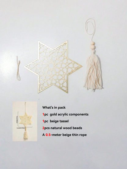 crescent moon and geometric star tassel hanging - Gold / Six-Point Star