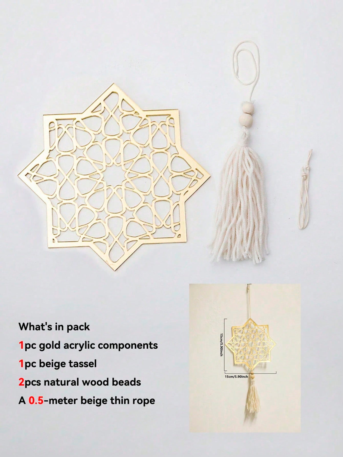 crescent moon and geometric star tassel hanging - Gold / Eight-Point Star