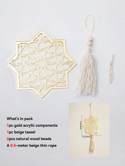 crescent moon and geometric star tassel hanging - Gold / Eight-Point Star