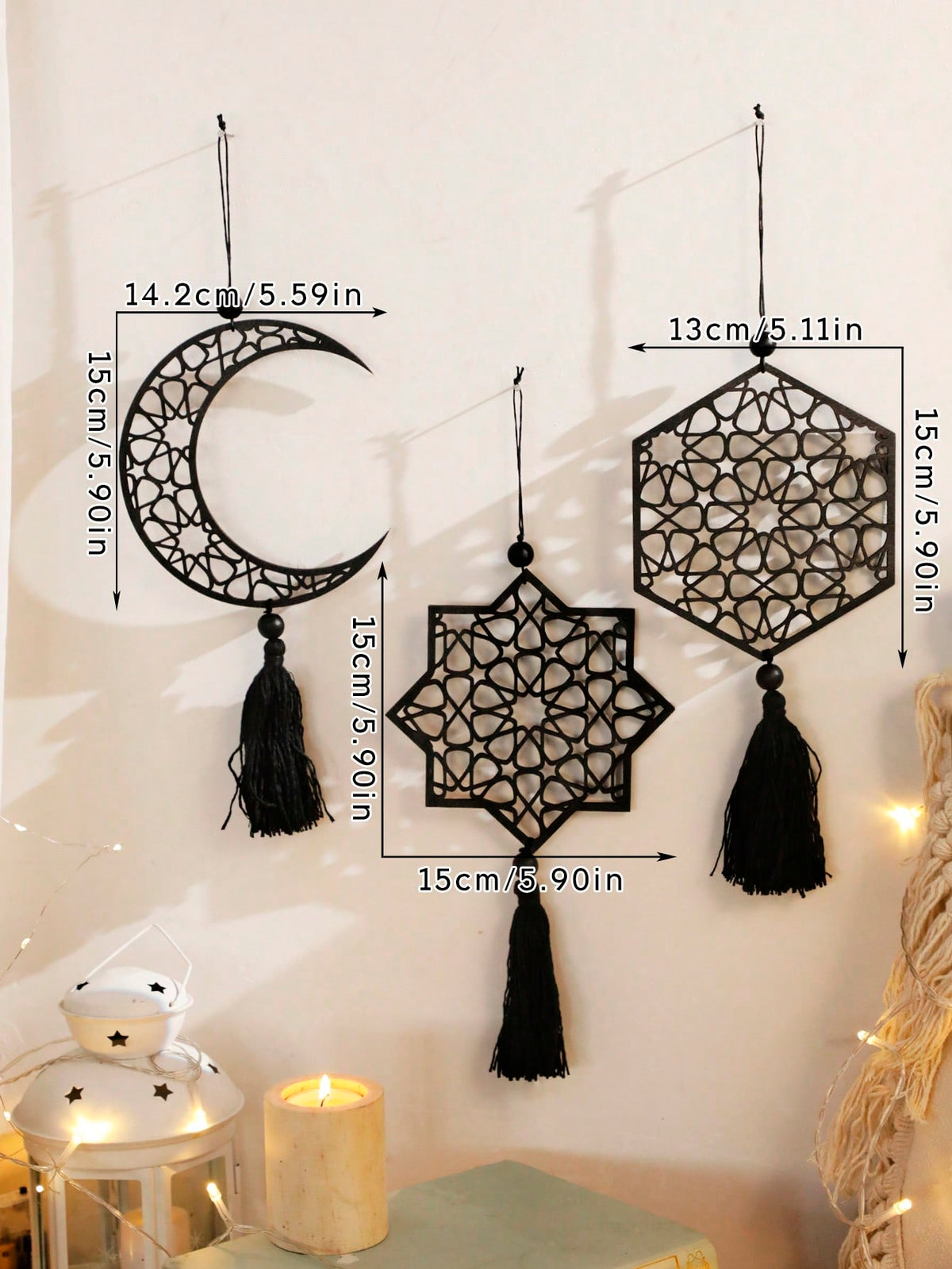 crescent moon and geometric star tassel hanging - Black / Set of 3