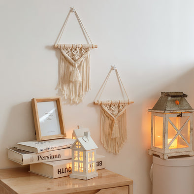 2 Pack Cute Macrame Tapestry Mini Macrame Wall Hanging Boho Decor Geometrical Art  Nursery Apartment Bedroom Dorm Home Decor