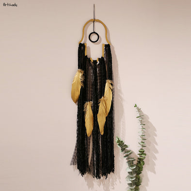Artilady Black Golden Feather Dream Catcher for Bedroom
