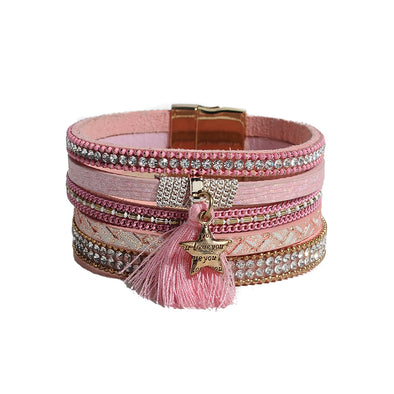 Artilady Jewelry bracelet Star-shape Pink Leather bracelet Zircon Chain Link bracelet Magnet Clasp Bangle Bracelet