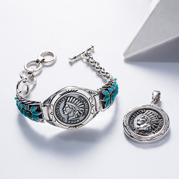 Vintage Native American 1908 Solid Grade Indian Head Penny Bracelet Bangle Turquoise 925 Sterling Silver Jewelry Bracelet