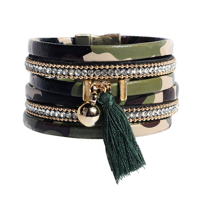 Artilady Multi-Leather Bracelet Zircon Chain Link Bracelet Tassel Alloy Beads Bracelet Magnet Clasp Bracelet